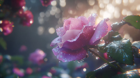 Close-up of a blooming purple rose with water droplets clinging to its petals, set against a blurred garden backdropの素材