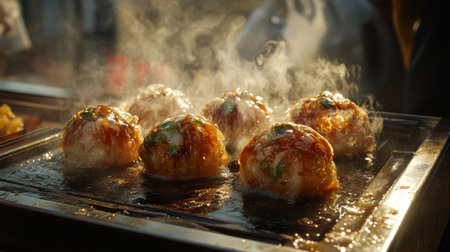 Takoyaki balls cooking on a traditional takoyaki grill, with golden-brown crispy exteriors and a light steam rising from themの素材