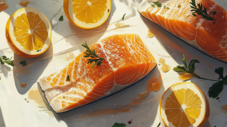 Fresh cuts of salmon fillets with their skin on, displayed on a pristine white surface, with rich orange color and visible textureの素材