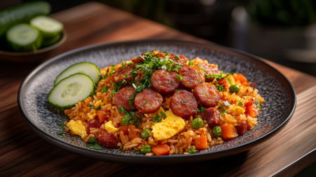 A vibrant plate of American fried rice with eggs, sausage, and vegetables, garnished with a slice of cucumber and tomato, set on a wooden tableの素材
