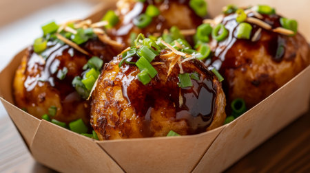 Takoyaki balls served in a traditional paper boat, garnished with green onions, bonito flakes, and a drizzle of sauce, perfect for street foodの素材