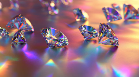 Diamonds scattered on a metallic background, their facets reflecting light in a dazzling array of rainbow colorsの素材