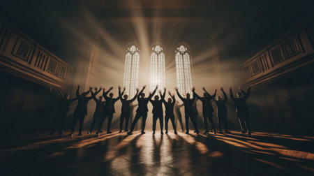 A wide shot of a choir performing in a grand auditorium, with their hands in sync and the spotlight creating dramatic shadows behind themの素材