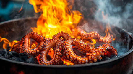 Octopus cooking over hot coals, with visible grill marks and glowing embers creating a rustic and authentic street food vibeの素材