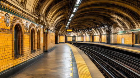 A wide shot of a subway tunnel with long, parallel tracks stretching ahead, with faint lighting casting shadows on the tunnels curved walls and floorの素材