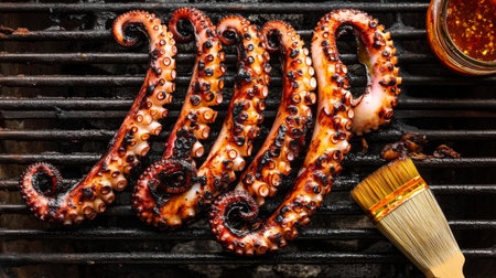 Smoky, charred octopus skewers resting on a grill, with a basting brush and marinade jar nearby for a vibrant culinary sceneの素材