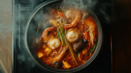 A top-down view of a steaming bowl of Tom Yum Goong, with large prawns, mushrooms, lemongrass, and vibrant chili floating in a rich, aromatic broth.の素材