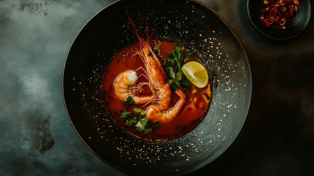 Bird's-eye view of hot and spicy Tom Yum Goong, with prawns and aromatic herbs floating in a tangy broth, accompanied by lime and chili on the side.の素材