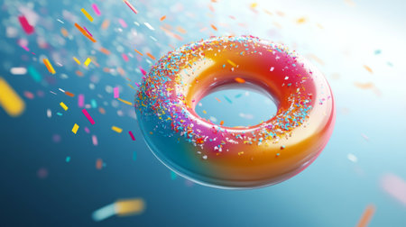 A colorful D donut chart floating on a clean background, with different data segments separated and highlighted in various hues.の素材