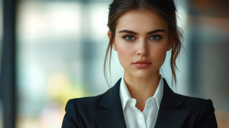 A high-resolution close-up of a businesswoman in formal wear, with a focused and approachable look, representing professionalism and success.の素材