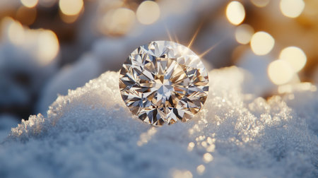 A detailed macro shot of a perfectly cut diamond sitting on a white background, highlighting the clarity and brilliance of the gem.の素材