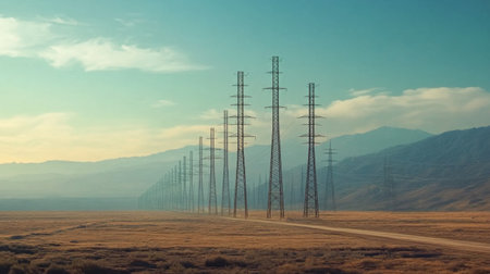 A high-resolution shot of multiple electricity transmission towers lined up in a row, emphasizing their scale and the extensive network of power lines.の素材