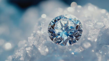 A detailed macro shot of a perfectly cut diamond sitting on a white background, highlighting the clarity and brilliance of the gem.の素材