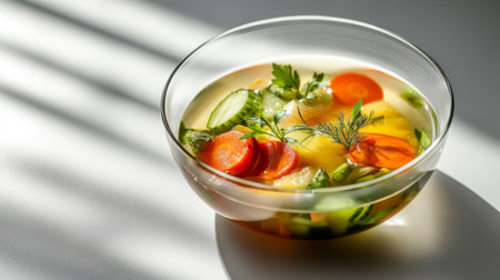 Close-up of a hot bowl of vegetable soup with a clear broth and colorful vegetables, placed on a clean white surface, showcasing its fresh and healthy ingredients.の素材