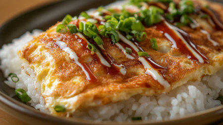Close-up of a fluffy, golden omelette resting on a bed of white jasmine rice, with crispy edges and soft texture, garnished with chili sauce on the side.の素材