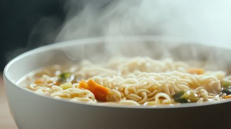 Close-up of a steaming bowl of hot chicken noodle soup, with visible noodles and vegetables, against a white background, emphasizing its comforting appeal.の素材