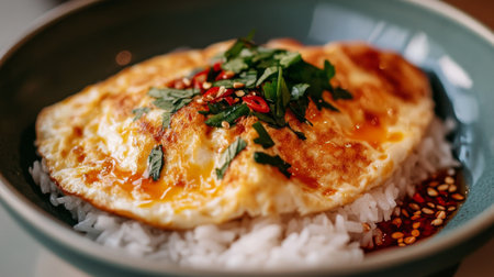 Close-up of a classic Thai omelette served on white rice, with a drizzle of fish sauce and chili on the side, highlighting the texture and fluffiness of the egg.の素材