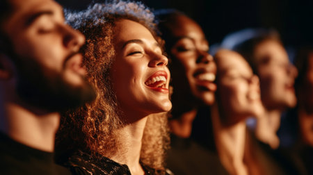 Close-up of a diverse group of singers harmonizing together on stage, with expressions of concentration and joy, highlighting the unity in their performance.の素材