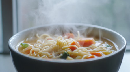 Close-up of a steaming bowl of hot chicken noodle soup, with visible noodles and vegetables, against a white background, emphasizing its comforting appeal.の素材
