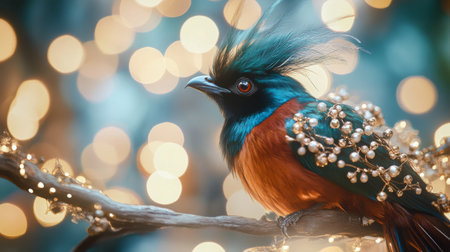 Close-up of a striking bird with elaborate feather details, perched on a branch, with a background of abstract lights creating a captivating and artistic ambiance.の素材