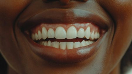 Close-up of a person grinning with an open mouth, highlighting the vivid whiteness and healthy appearance of their teeth and gums.の素材