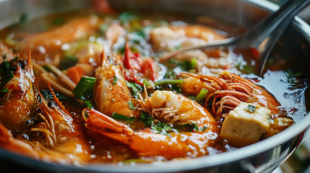 Close-up of a hot pot with an assortment of fresh ingredients, including seafood, vegetables, and tofu, all cooking together in a flavorful broth.の素材