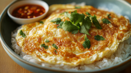 Close-up of a Thai-style omelette with golden, crispy edges, served atop a bowl of rice, with a small dish of chili sauce on the side.の素材