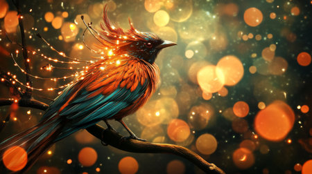 Close-up of a striking bird with elaborate feather details, perched on a branch, with a background of abstract lights creating a captivating and artistic ambiance.の素材