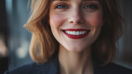 Close-up of a businesswoman with a confident smile and clear, sharp features, dressed in professional clothing, representing success and authority.の素材