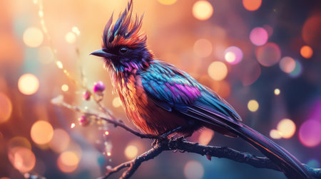 Close-up of a striking bird with elaborate feather details, perched on a branch, with a background of abstract lights creating a captivating and artistic ambiance.の素材