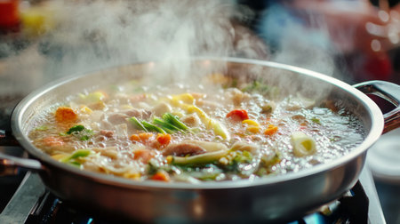 Close-up of a steaming hot pot with various fresh ingredients, including vegetables and meat, showcasing the bubbling broth and inviting aroma.の素材