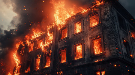 Close-up of an abandoned building on fire, with flames reaching out from windows and smoke filling the sky, highlighting the scenes destruction.の素材