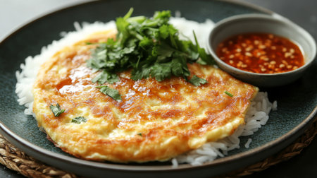 Close-up of a crispy, fluffy Thai omelette resting on rice, served with a side of spicy sauce and fresh herbs, highlighting the texture and rich flavor.の素材