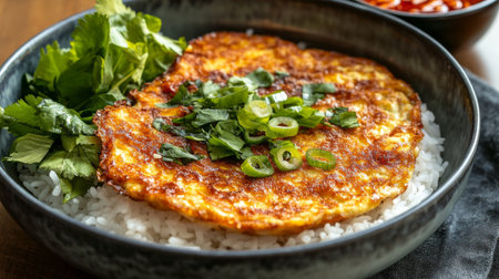 Close-up of a Thai-style omelette with golden, crispy edges, served atop a bowl of rice, with a small dish of chili sauce on the side.の素材