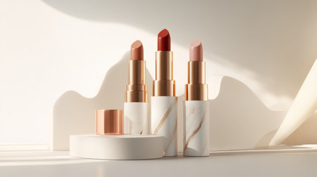 Close-up of a perfectly arranged set of lipsticks in a variety of shades, each with a sleek design, against a clean, white background for a stylish presentation.の素材