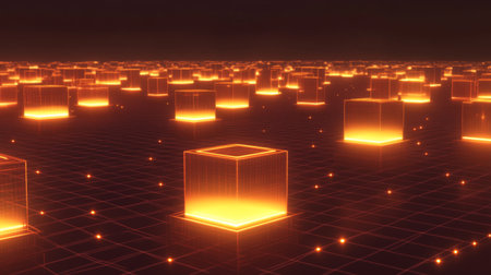 A futuristic D heatmap with glowing cubes representing data intensity, displayed over a grid surface, emphasizing high-tech analytics and information flow.の素材
