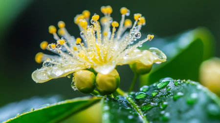 Close-up of a blooming flower with dew-covered petals, highlighting the natural beauty and fresh look created by the water droplets.の素材