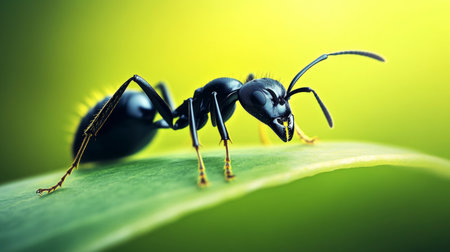 Close-up of a single ant crawling on a leaf, showcasing its detailed legs, antennae, and body structure against a clean background.の素材