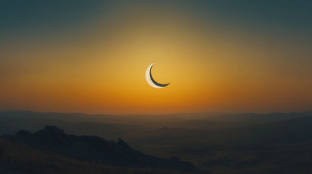 High-definition image of a partial solar eclipse, showcasing the sun partially covered by the moon with a gradient sky and the surrounding landscape.の素材