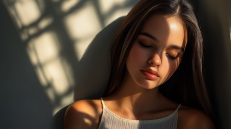 High-resolution image of a woman with sleek, straight hair falling gracefully over her shoulders, captured in soft, natural light to emphasize its smoothness.の素材