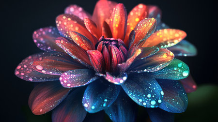 High-definition image of a flower with droplets of water on its petals, showcasing the contrast between the vivid colors of the flower and the clear droplets.の素材