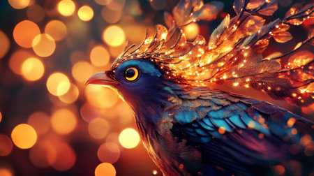 High-resolution close-up of a beautiful bird with intricate plumage, set against a backdrop of warm, glowing lights that enhance its vivid colors.の素材