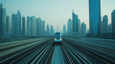 High-definition shot of a high-speed train on elevated tracks, emphasizing its sleek profile and the impressive infrastructure supporting its rapid transit.の素材