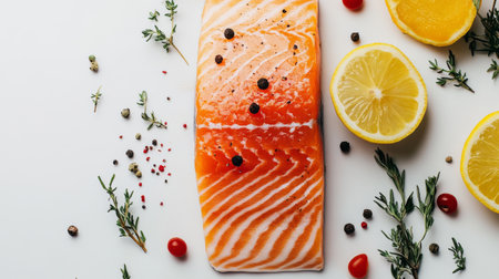 High-resolution image of a salmon fillet with skin, laid out on a white surface, showing the texture and color of the fish in a clean, simple setting.の素材