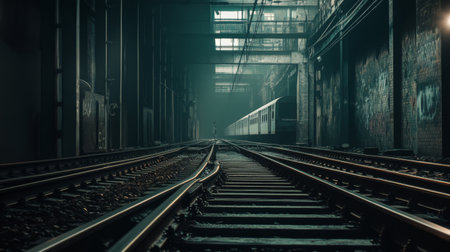 High-definition shot of a railway track with a train approaching in the distance, capturing the movement and the structure of the tracks.の素材