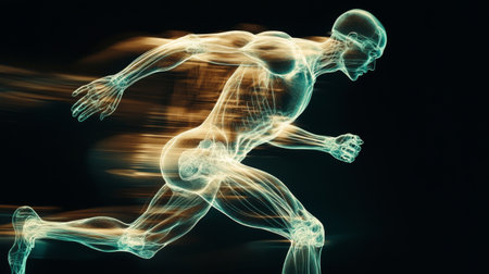 High-resolution shot of a human body in motion, focusing on the dynamic movement of muscles and joints, illustrating physical activity and fitness.の素材