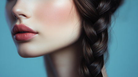 High-definition image of a woman with a stylish braid, featuring a close-up view of the braids intricate pattern and smooth finish.の素材