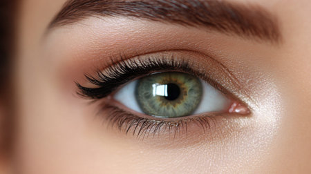 High-resolution close-up of a woman with beautifully done makeup, including elegant eye makeup and a soft, natural lip color, capturing her graceful style.の素材