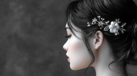 High-resolution shot of a woman with a glamorous, pinned-up hairstyle, featuring smooth, elegant waves and decorative hairpins.の素材