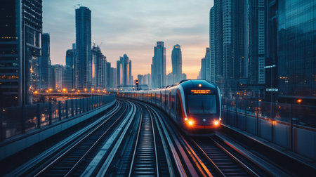 High-definition shot of a high-speed train on elevated tracks, emphasizing its sleek profile and the impressive infrastructure supporting its rapid transit.の素材